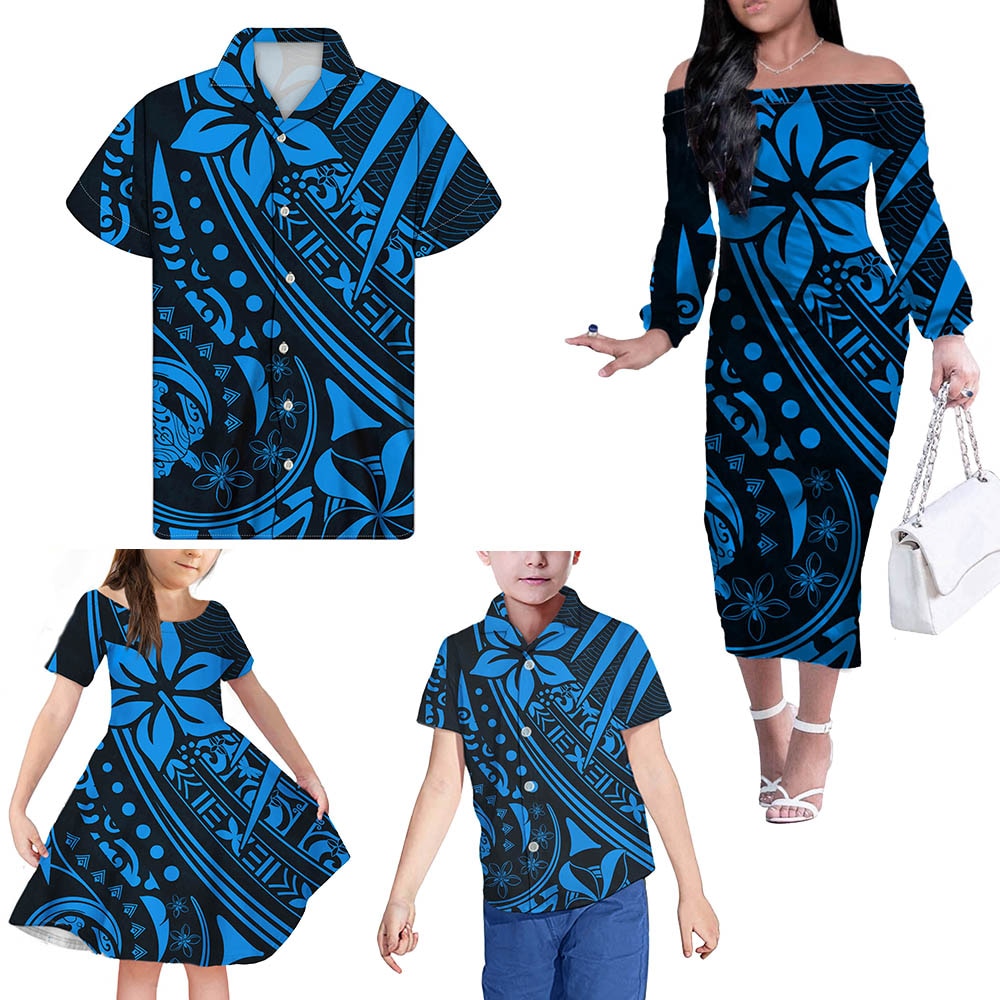Polynesian Family Matching Outfits Hawaii Turtle Pineapple Blue Off Shoulder Long Sleeve Dress And Shirt Family Set Clothes Daughter's Dress - Polynesian Pride