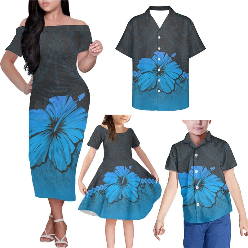 Hibiscus Hawaii Polynesian Family Matching Outfits Hawaii Tropical Off Shoulder Long Sleeve Dress And Shirt Dad's Shirt - 5XL - Polynesian Pride