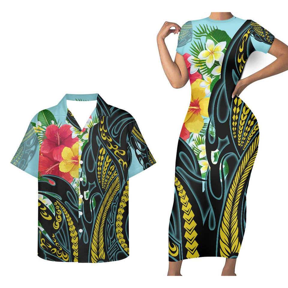 Hawaii Matching Outfit For Couples Plumeria Flowers Polynesian Tribal Bodycon Dress And Hawaii Shirt No Dress - Polynesian Pride