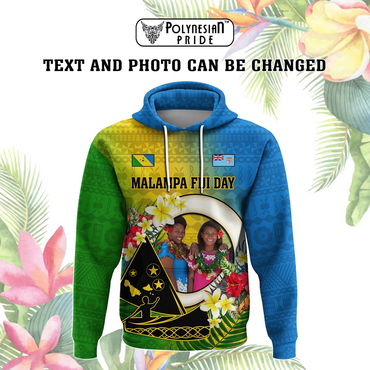 Custom Photo Malampa Fiji Day Hoodie Together We Grow Coat Of Arms Tropical Flowers CTM14 - Polynesian Pride