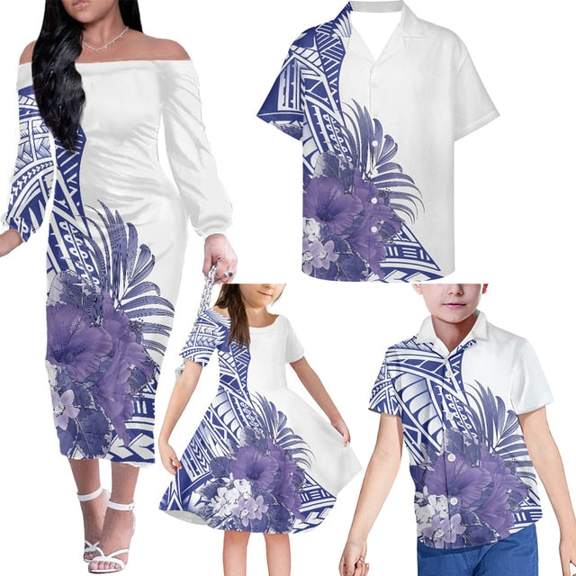 White Family Matching Outfits - Hawaii Flowers Off Shoulder Long Sleeve Dress and Shirt Family Set Daughter's Dress - Polynesian Pride