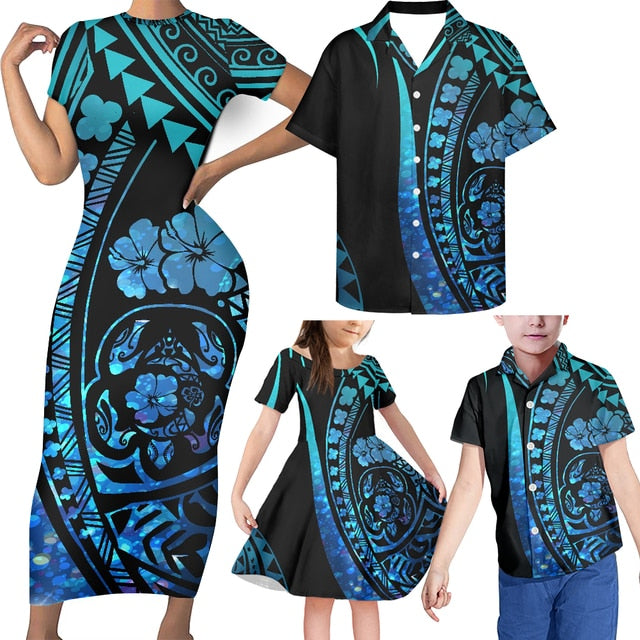 Family Matching Outfits Hibiscus Hawaii Polynesian Tribal Family Set Bodycon Dress And Hawaii Shirt Daughter's Dress - Polynesian Pride