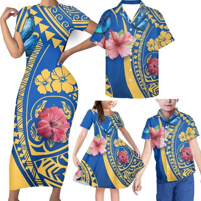 Hawaii Family Matching Outfits Hibiscus Flower Polynesian Tribal Bodycon Dress And Hawaii Shirt Daughter's Dress - Polynesian Pride