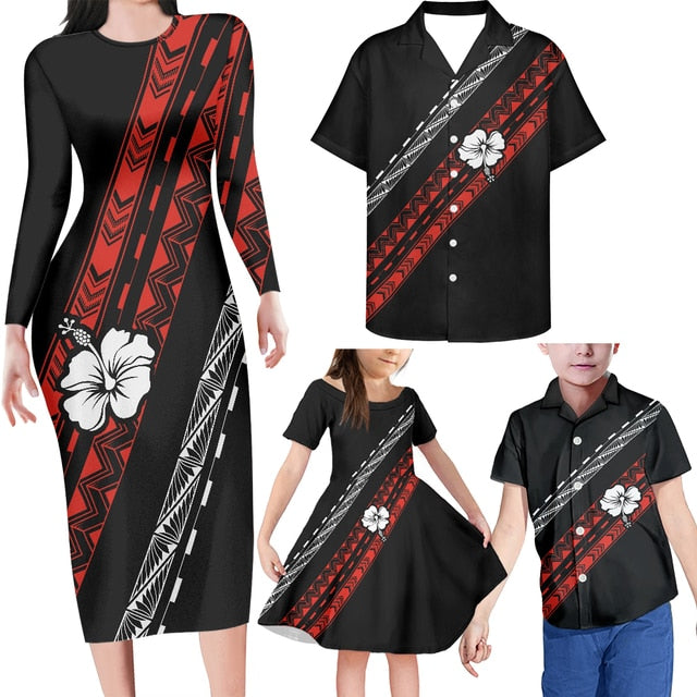 Family Matching Outfits Hibiscus Flowers Polynesian Tribal Cross Style Bodycon Dress And Hawaii Shirt Matching Summer Outfits Daughter's Dress - Polynesian Pride