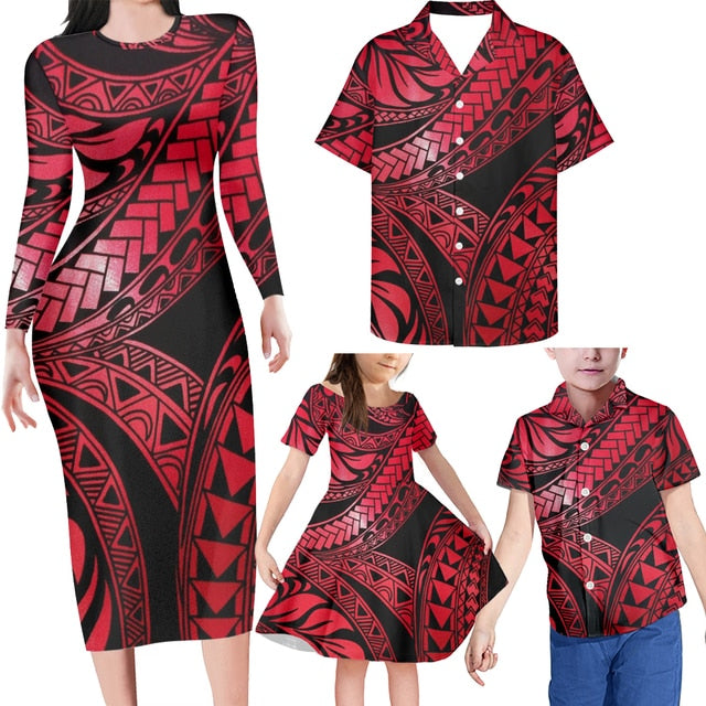 Red Matching Family Outfits Hawaii Polynesian Tribal Family Set Bodycon Dress And Hawaii Shirt Dad's Shirt - 5XL - Polynesian Pride