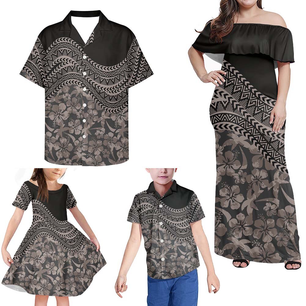 Black Hawaii Family Matching Outfit Samoan Polynesian Tribal Flowers Half Off Shoulder Long Sleeve Dress And Shirt Dad's Shirt - 5XL - Polynesian Pride