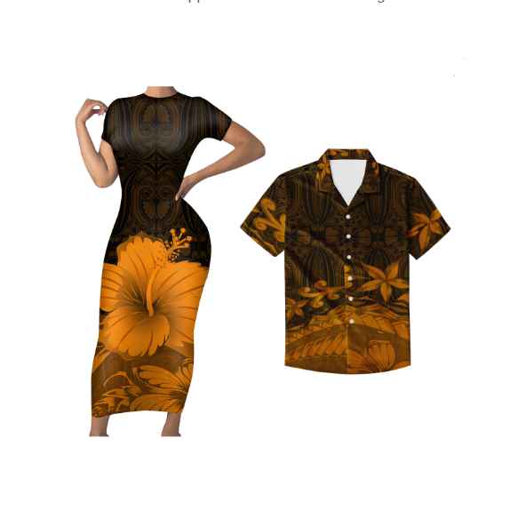 Polynesian Pride His And Hers Matching Tropical Outfits Hawaii Yellow Hibiscus Floral Bodycon Dress And Hawaii Shirt No Dress - Polynesian Pride