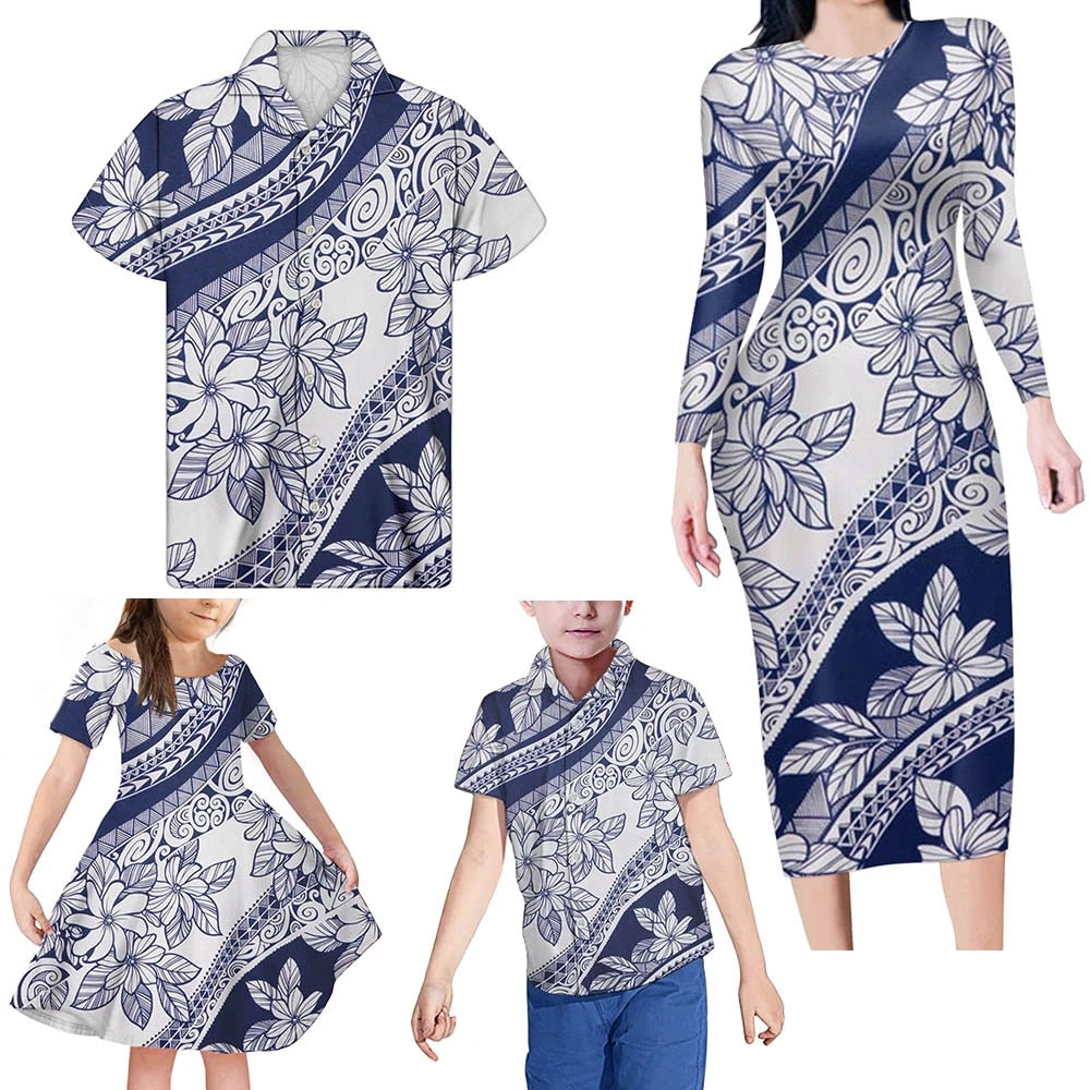 Matching Clothes For Family Hawaii Flower Polynesian Tribal Blue Bodycon Dress And Hawaii Shirt Daughter's Dress - Polynesian Pride