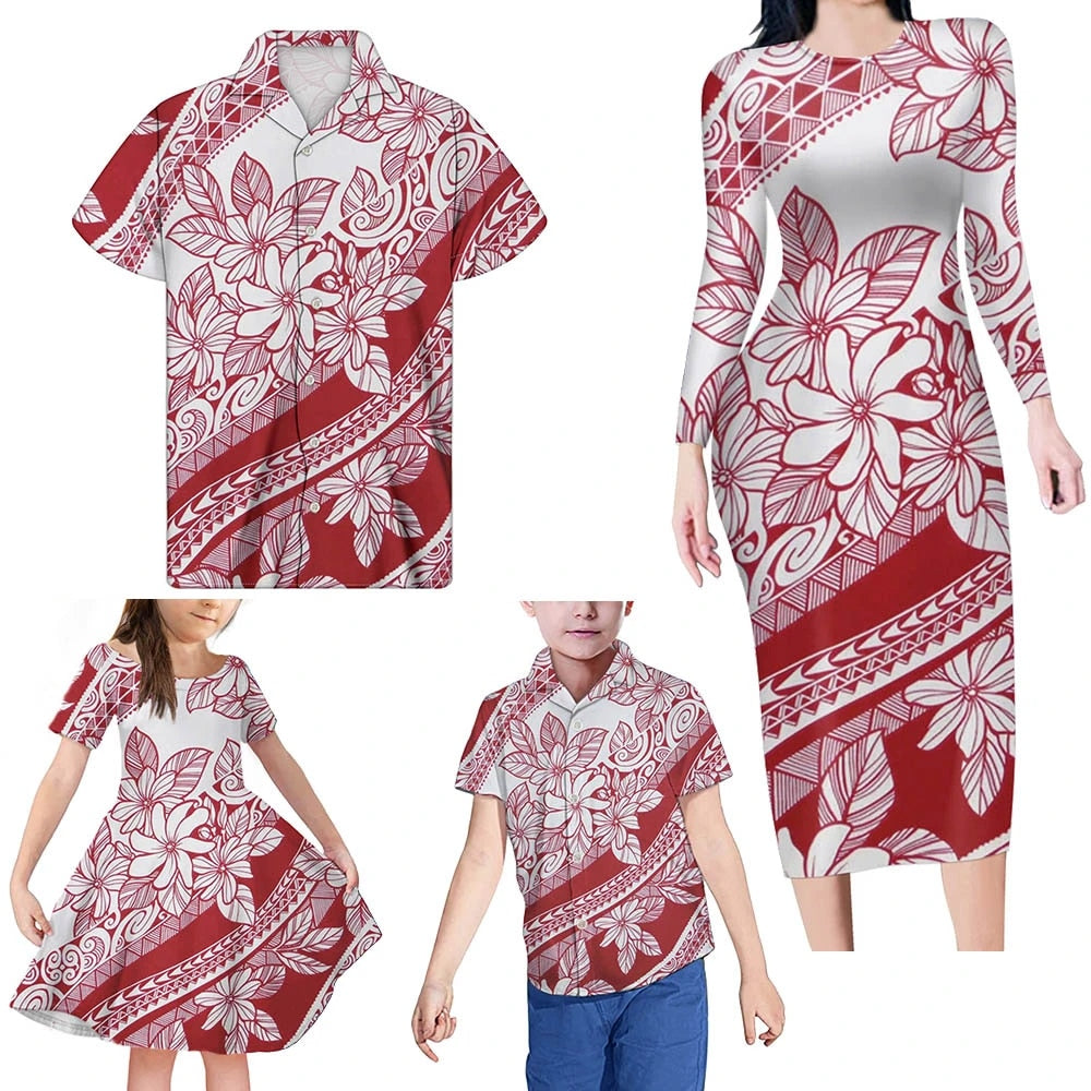 Red And White Matching Family Outfits Hawaii Floral Polynesian Tribal Bodycon Dress And Hawaii Shirt Dad's Shirt - 5XL - Polynesian Pride