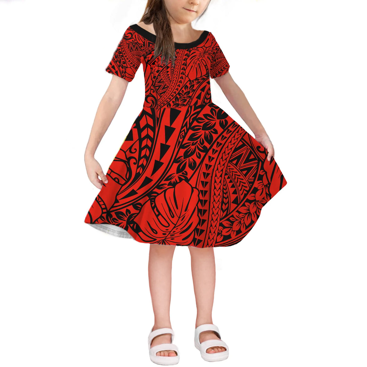 Red Hawaii Family Matching Off Shoulder Long Sleeve Dress And Hawaiian Shirt Tribal Art LT14 - Polynesian Pride