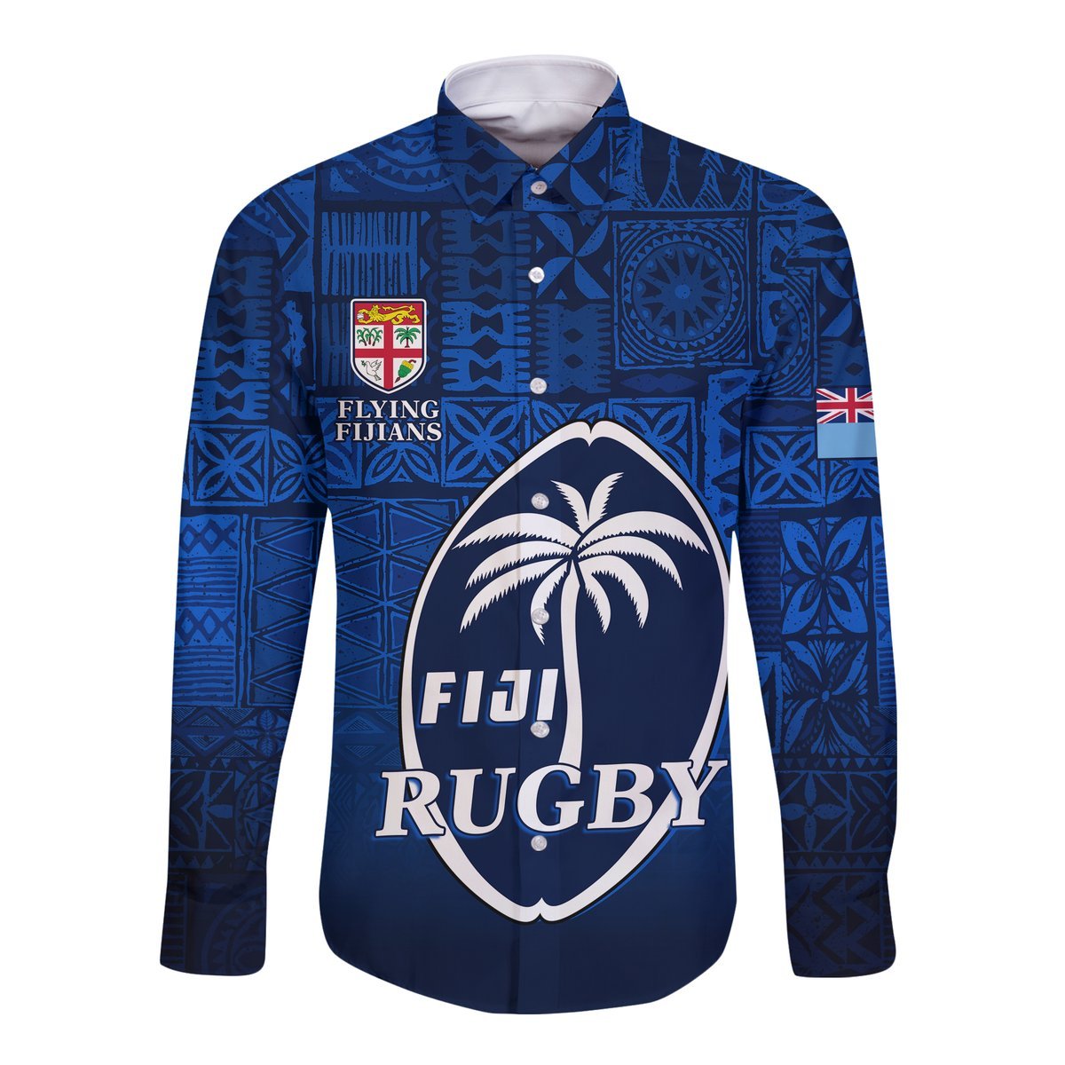 (Custom Text and Number) Fiji Rugby Hawaii Long Sleeve Button Shirt Flying Fijians Blue Tapa Pattern LT13 - Polynesian Pride