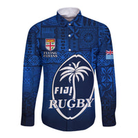 (Custom Text and Number) Fiji Rugby Hawaii Long Sleeve Button Shirt Flying Fijians Blue Tapa Pattern LT13 - Polynesian Pride