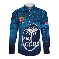 Fiji Rugby Hawaii Long Sleeve Button Shirt Flying Fijians Blue 02 Tapa Pattern LT13 Unisex Blue - Polynesian Pride
