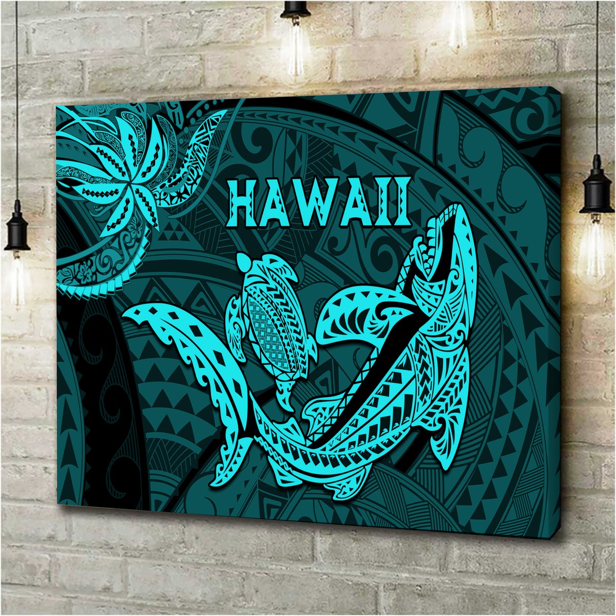 hawaii-shark-and-turtle-5-pieces-canvas-wall-art-with-turquoise-kakau