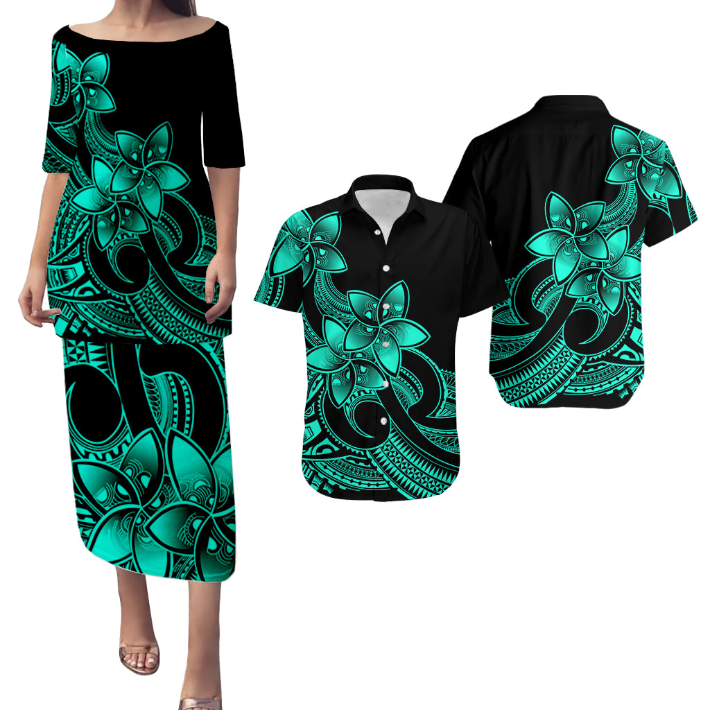 Polynesian Couple Outfits Plumeria Flowers Puletasi Dress and Hawaiian Shirt Polynesian Tribal Aqua Vibe LT9 Aqua - Polynesian Pride