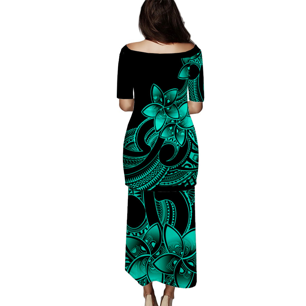 Polynesian Couple Outfits Plumeria Flowers Puletasi Dress and Hawaiian Shirt Polynesian Tribal Aqua Vibe LT9 - Polynesian Pride