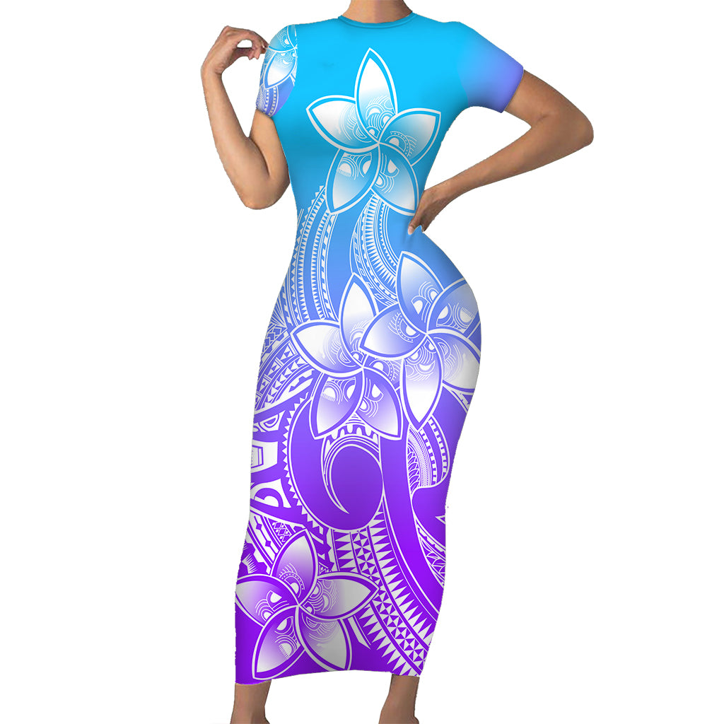 Polynesian Pride Plumeria Flowers Short Sleeve Body Long Dress Polynesian Tribal Gradient Purple LT9 Long Dress Gradient Purple - Polynesian Pride