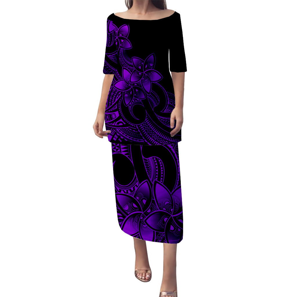 Polynesian Couple Outfits Plumeria Flowers Puletasi Dress and Hawaiian Shirt Polynesian Tribal Purple Vibe LT9 - Polynesian Pride