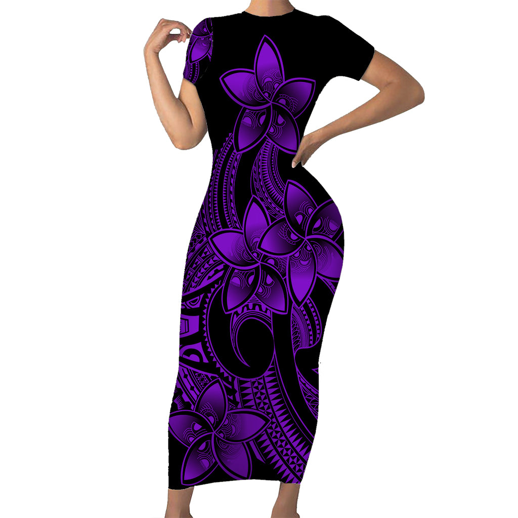 Polynesian Pride Plumeria Flowers Short Sleeve Body Long Dress Polynesian Tribal Purple Vibe LT9 Long Dress Purple - Polynesian Pride