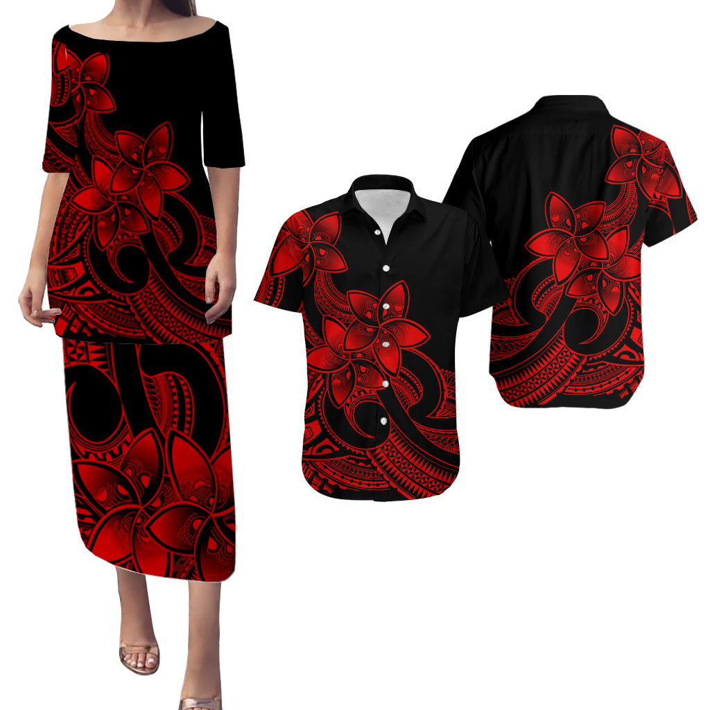 Polynesian Couple Outfits Plumeria Flowers Puletasi Dress and Hawaiian Shirt Polynesian Tribal Red Vibe LT9 Red - Polynesian Pride
