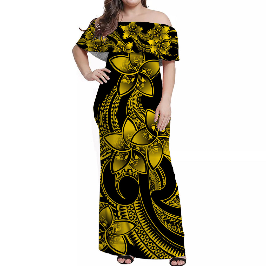 Polynesian Couple Outfits Plumeria Flowers Matching Dress and Hawaiian Shirt Polynesian Tribal Yellow Vibe LT9 - Polynesian Pride