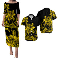 Polynesian Couple Outfits Plumeria Flowers Puletasi Dress and Hawaiian Shirt Polynesian Tribal Yellow Vibe LT9 Yellow - Polynesian Pride