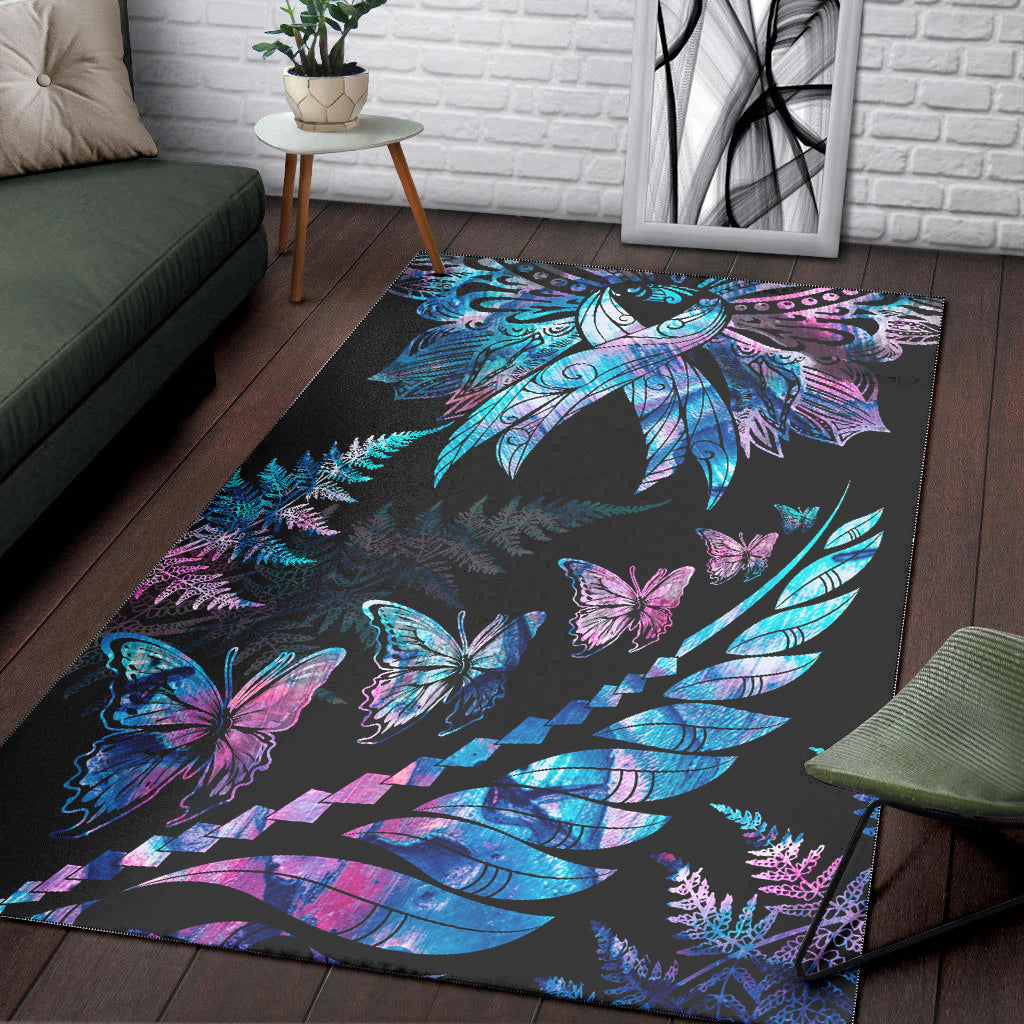 Polynesia Ribbon Butterflies Area Rug Silver Fern Breast Cancer With Papua Shell Pattern LT9 Black - Polynesian Pride