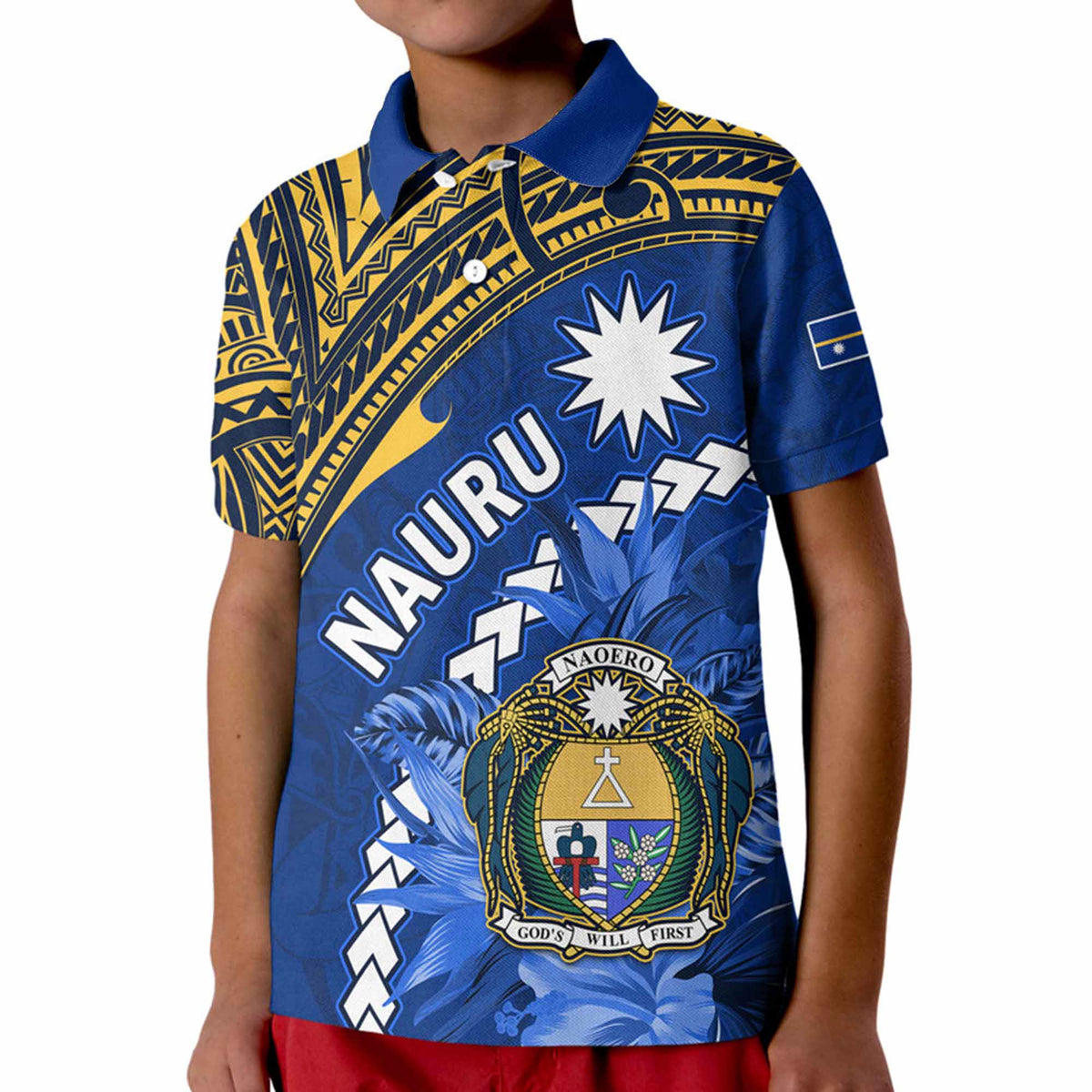Nauru Coat of Arms Polo Shirt Polynesian With Frigatebird LT9 Kid Blue - Polynesian Pride