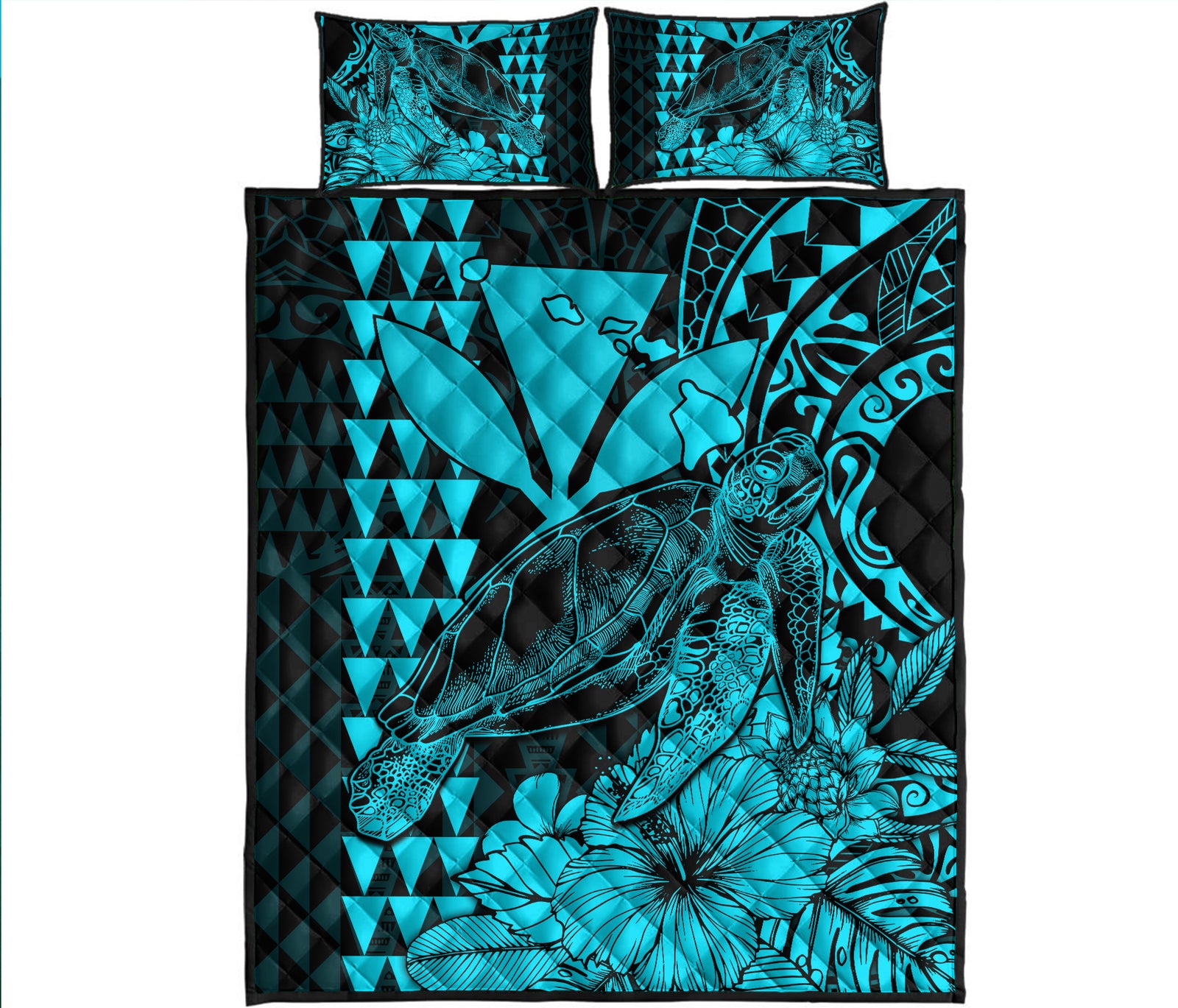 Hawaii Sea Turtle Quilt Bed Set Polynesia Kakau with Kanaka Maoli Teal LT9 Teal - Polynesian Pride