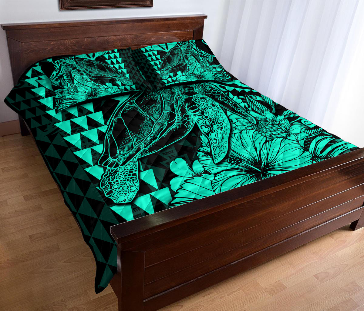 Hawaii Sea Turtle Quilt Bed Set Polynesia Kakau with Kanaka Maoli Turquoise LT9 - Polynesian Pride