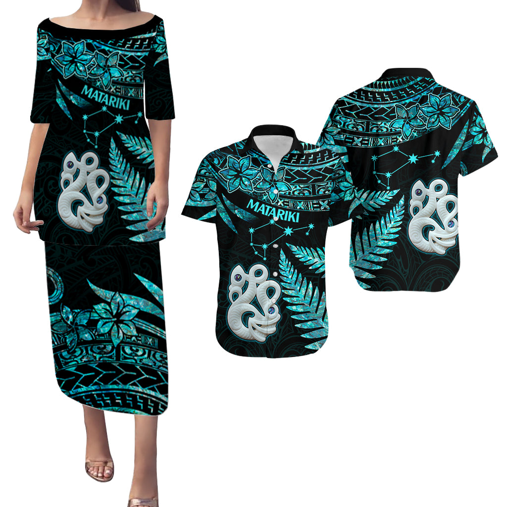 Couples Matching Hawaiian Outfits Matariki New Zealand Puletasi Dress and Hawaiian Shirt Manaia with Paua Shell - Aqua LT9 Aqua - Polynesian Pride
