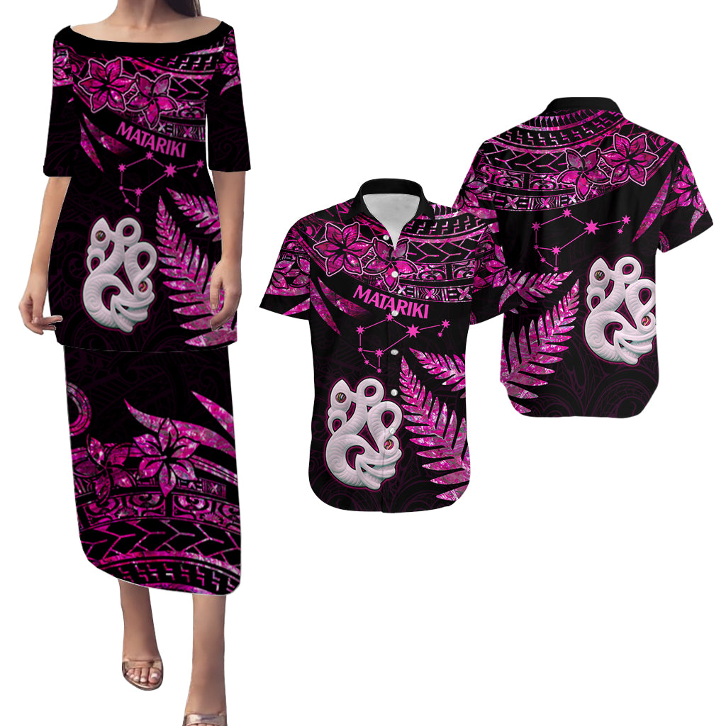Couples Matching Hawaiian Outfits Matariki New Zealand Puletasi Dress and Hawaiian Shirt Manaia with Paua Shell - Pink LT9 Pink - Polynesian Pride