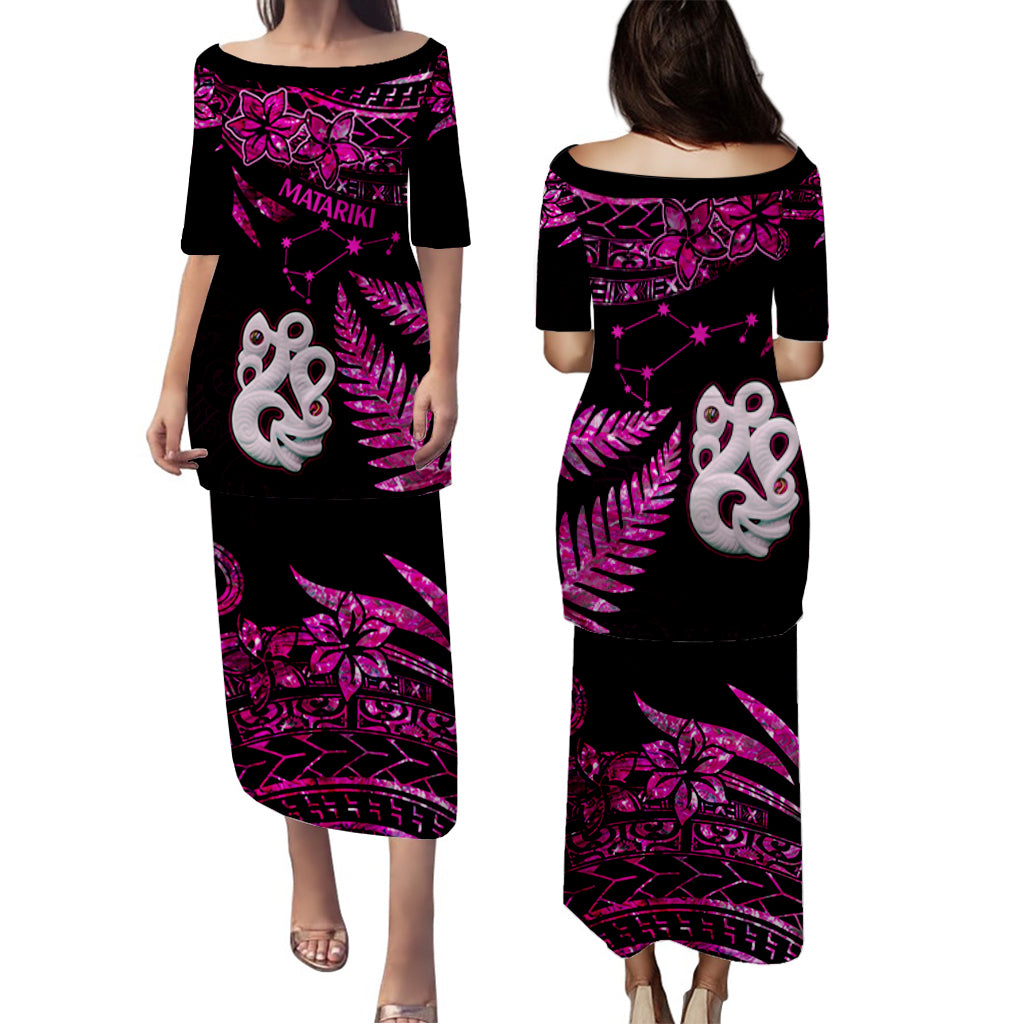 Couples Matching Hawaiian Outfits Matariki New Zealand Puletasi Dress and Hawaiian Shirt Manaia with Paua Shell - Pink LT9 - Polynesian Pride