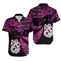 Couples Matching Hawaiian Outfits Matariki New Zealand Puletasi Dress and Hawaiian Shirt Manaia with Paua Shell - Pink LT9 - Polynesian Pride
