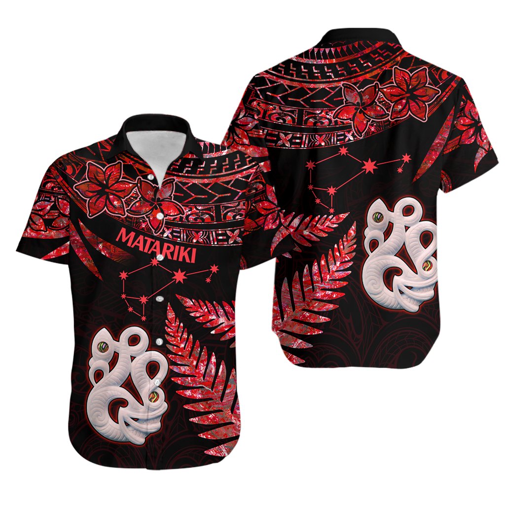 Couples Matching Hawaiian Outfits Matariki New Zealand Puletasi Dress and Hawaiian Shirt Manaia with Paua Shell - Red LT9 - Polynesian Pride