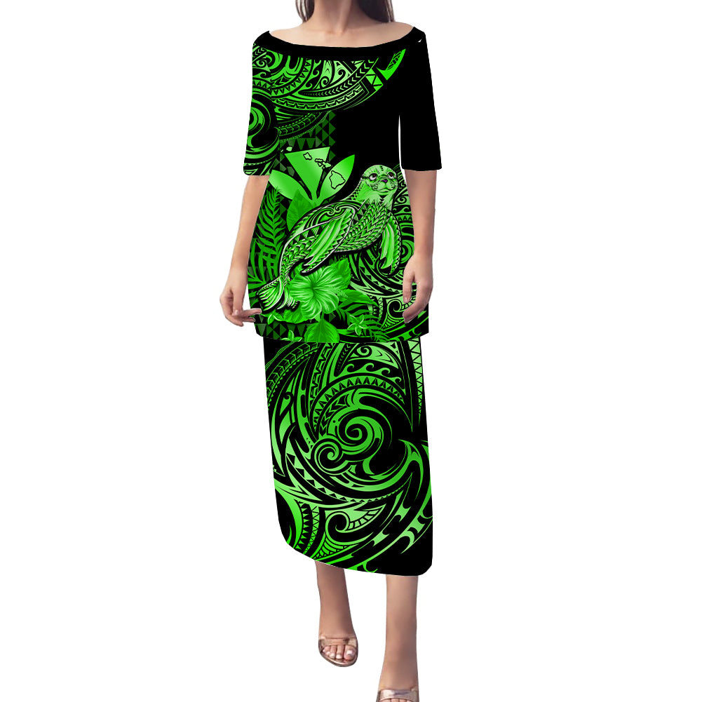 Matching Outfit For Couples Hawaii Monk Seal Puletasi Dress and Hawaiian Shirt Polynesian Kakau With Kanaka Green LT14 - Polynesian Pride