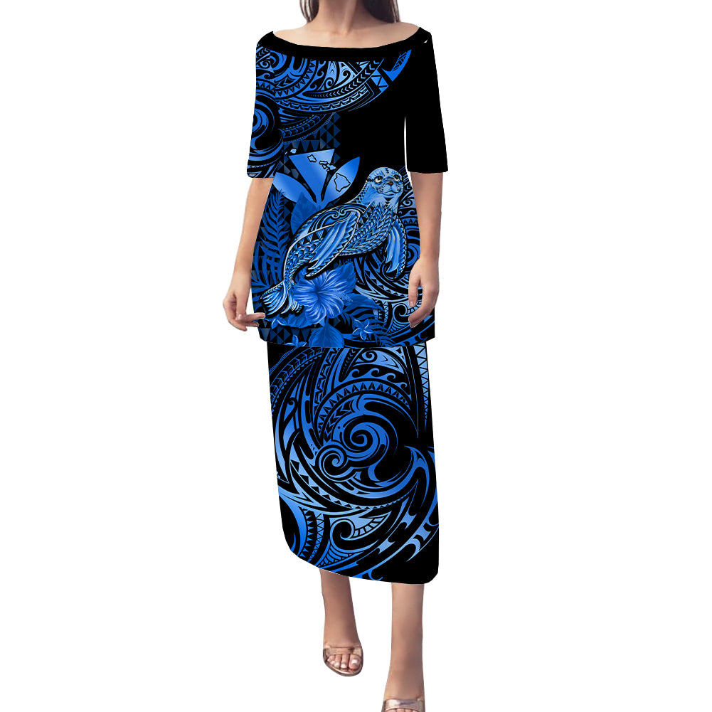 Matching Outfit For Couples Hawaii Monk Seal Puletasi Dress and Hawaiian Shirt Polynesian Kakau With Kanaka Blue LT14 - Polynesian Pride