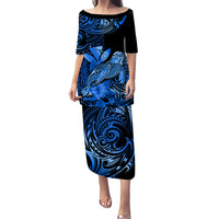 Matching Outfit For Couples Hawaii Monk Seal Puletasi Dress and Hawaiian Shirt Polynesian Kakau With Kanaka Blue LT14 - Polynesian Pride