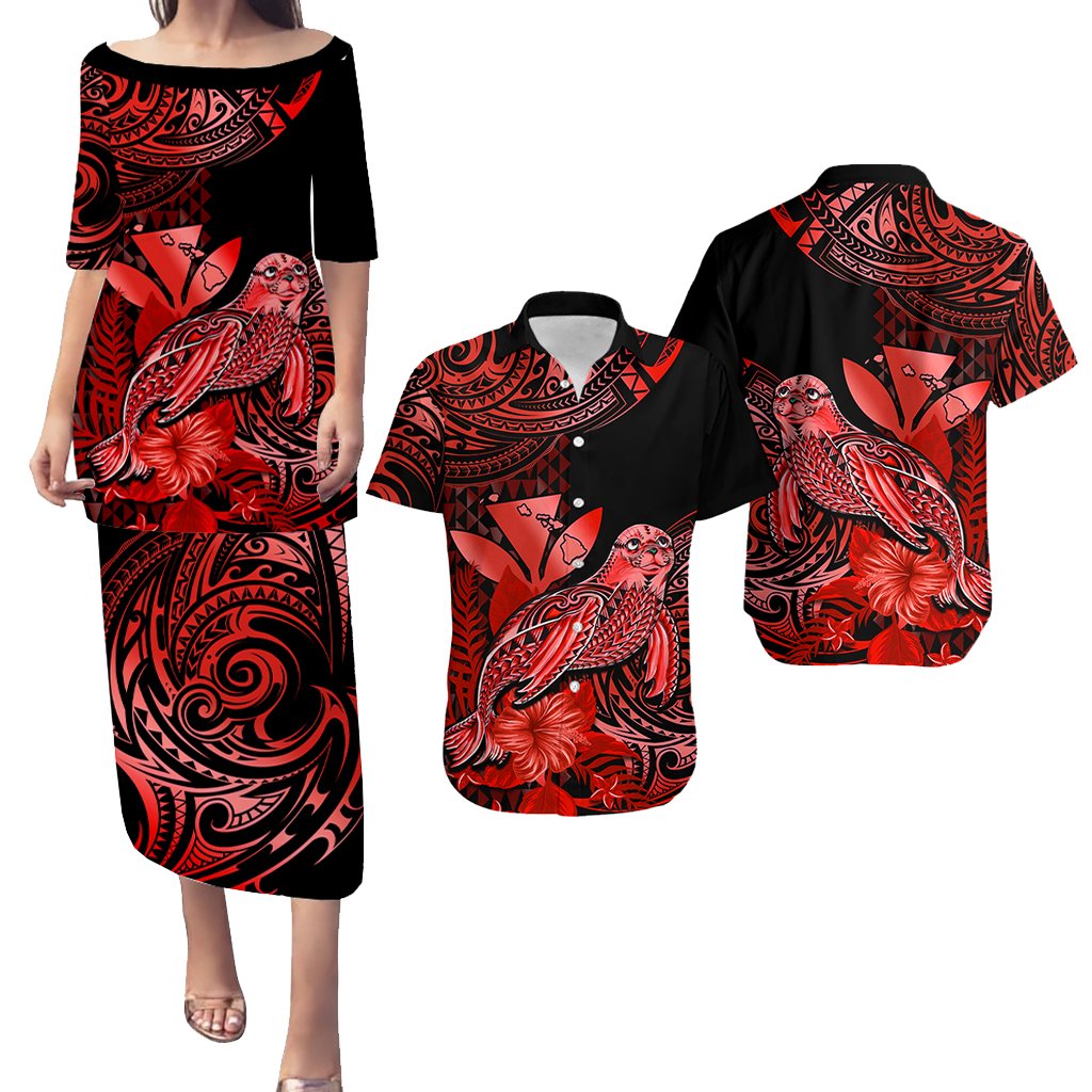 Matching Outfit For Couples Hawaii Monk Seal Puletasi Dress and Hawaiian Shirt Polynesian Kakau With Kanaka Red LT14 Red - Polynesian Pride