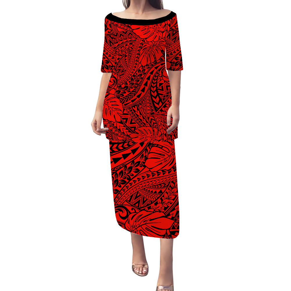 Personalised Hawaii Matching Couple Outfits For Vacation Puletasi Dress and Hawaiian Shirt Red Polynesian Tribal Art LT14 - Polynesian Pride