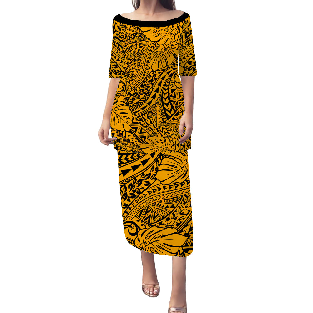 Personalised Hawaii Matching Couple Outfits For Vacation Puletasi Dress and Hawaiian Shirt Gold Polynesian Tribal Art LT14 - Polynesian Pride