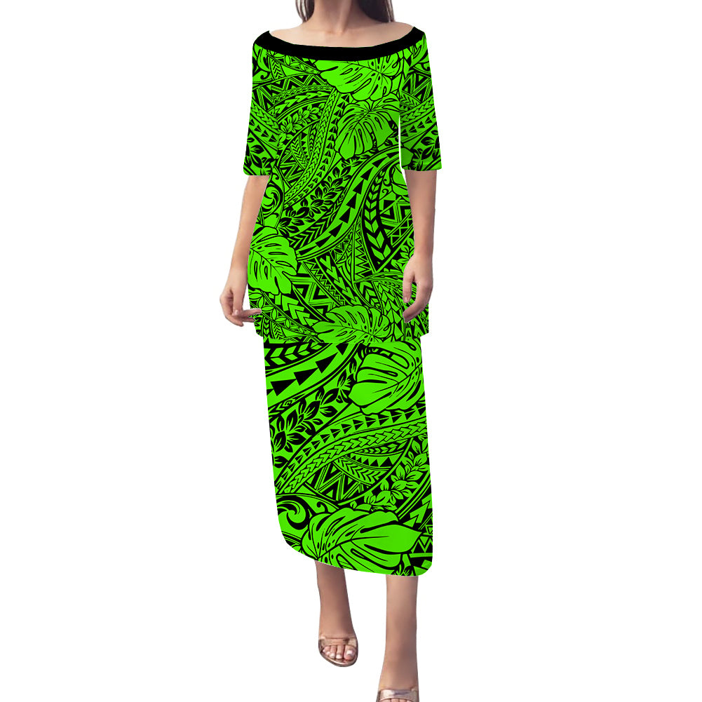 Personalised Hawaii Matching Couple Outfits For Vacation Puletasi Dress and Hawaiian Shirt Green Polynesian Tribal Art LT14 - Polynesian Pride