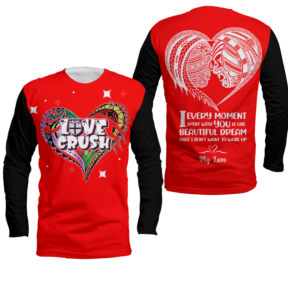 Fiji Valentine Couple Heart Long Sleeve Shirt - LT2 Unisex RED - Polynesian Pride