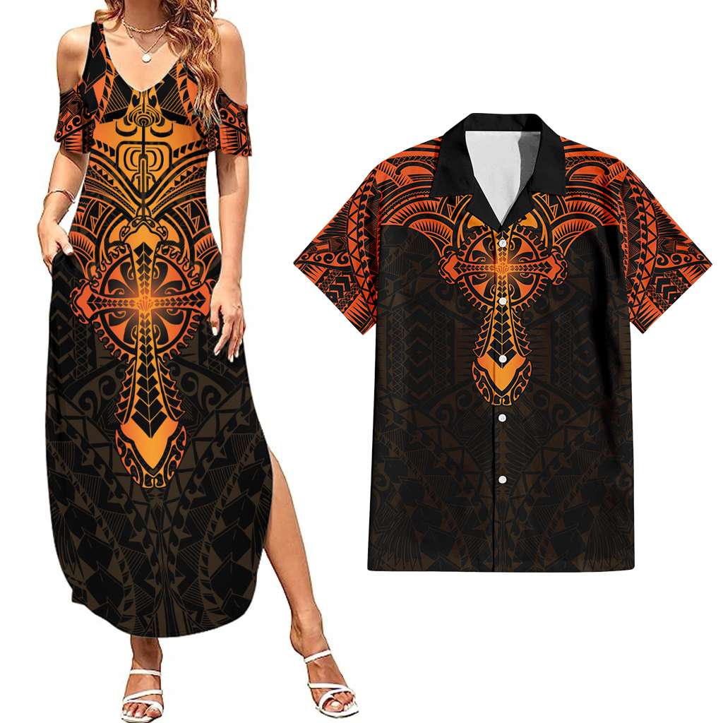 Personalized Polynesia Couples Matching Summer Maxi Dress and Hawaiian Shirt With Christian Cross Orange Version LT05 Orange - Polynesian Pride