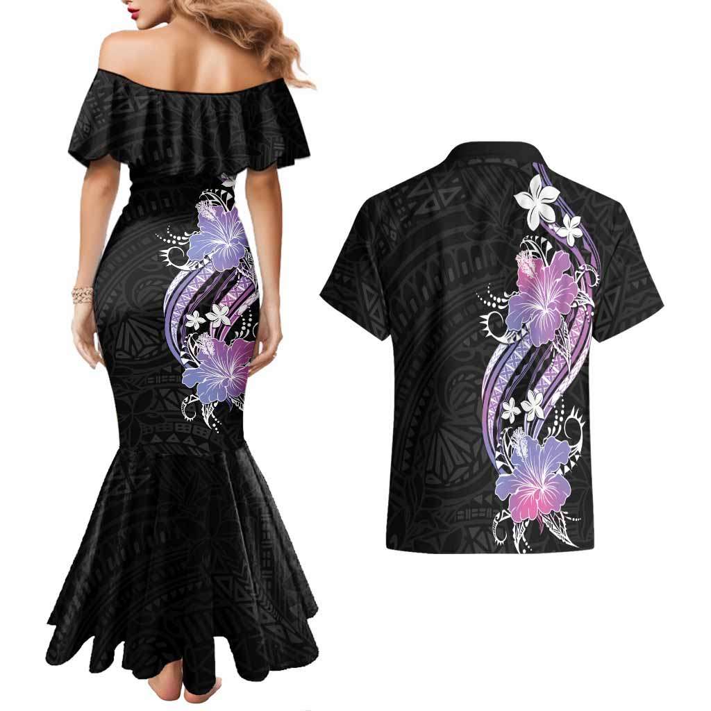 Black Galaxy Polynesian Pattern With Tropical Flowers Couples Matching Mermaid Dress and Hawaiian Shirt LT05 - Polynesian Pride