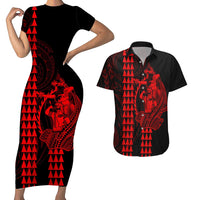 Polynesian Couples Matching Outfits Combo Bodycon Dress And Hawaii Shirt Hawaiian Warrior and Aloha Girl With Hammerhead Shark Tattoos Red LT6 4XL - Polynesian Pride