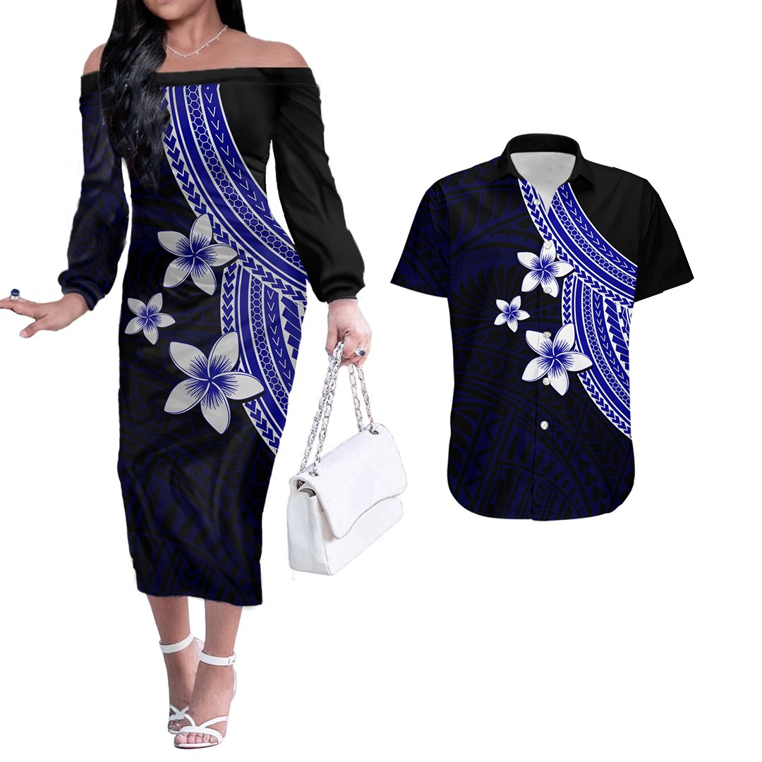 Polynesian Couples Matching Outfits Combo Long Sleeve Dress With Plumeria Flower Blue LT6 Blue - Polynesian Pride