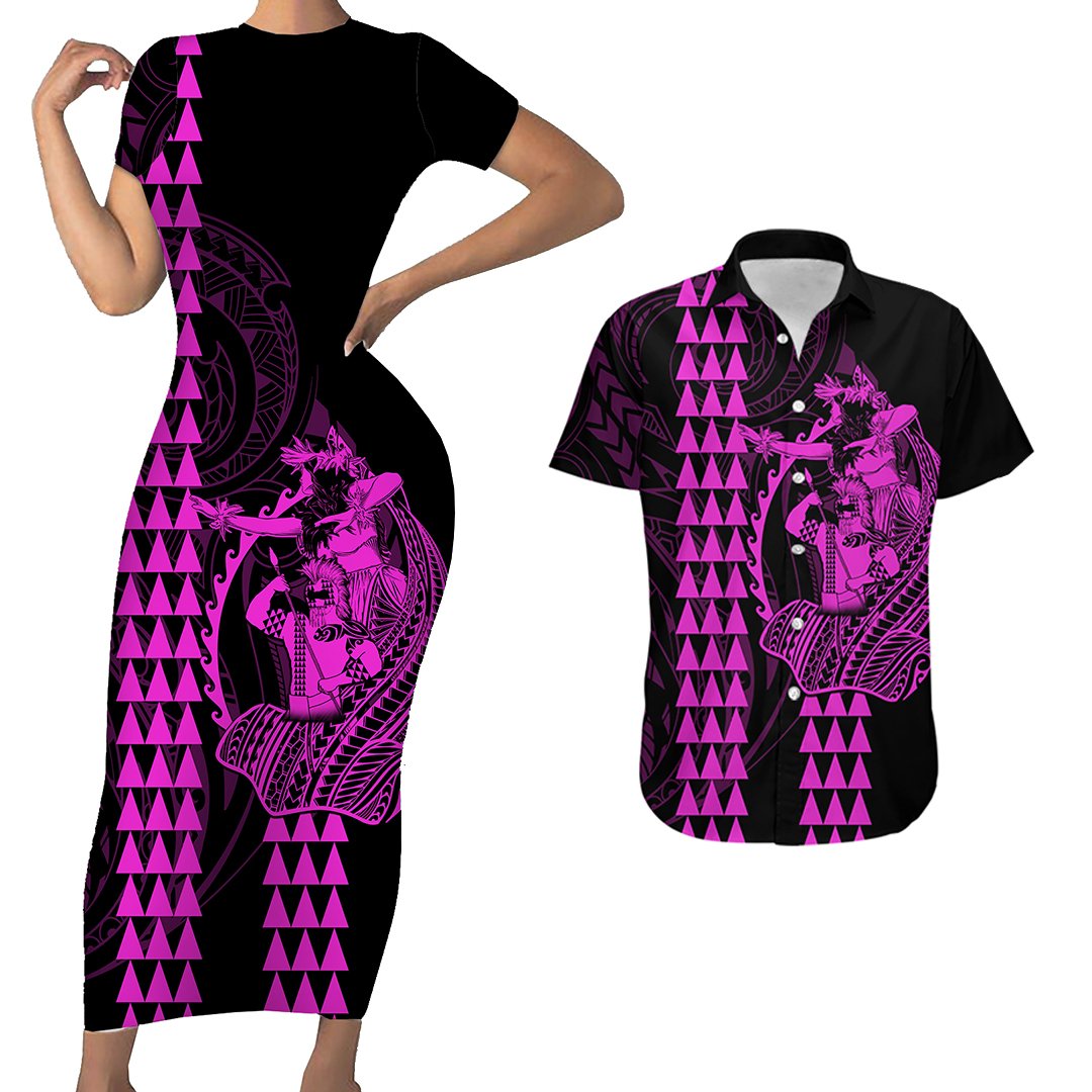 Polynesian Couples Matching Outfits Combo Bodycon Dress And Hawaii Shirt Hawaiian Warrior and Aloha Girl With Hammerhead Shark Tattoos Purple LT6 - Polynesian Pride