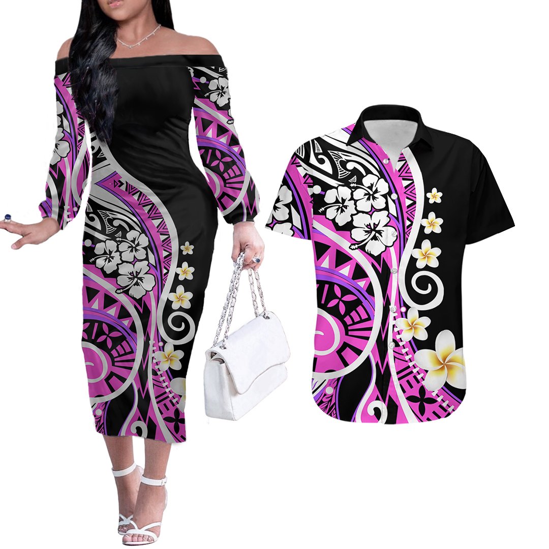 Plumeria Polynesian Couples Matching Outfits Combo Long Sleeve Dress Trending Pink LT6 Pink - Polynesian Pride