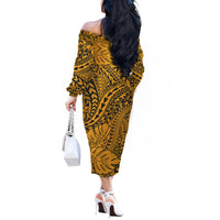 Gold Hawaii Family Matching Off Shoulder Long Sleeve Dress And Hawaiian Shirt Tribal Art LT14 - Polynesian Pride